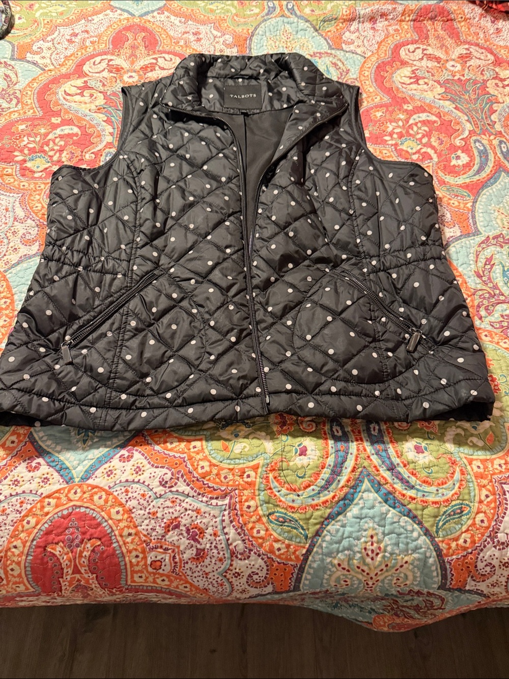 Talbots Black Quilted Polka Dot Zip-Up Vest
